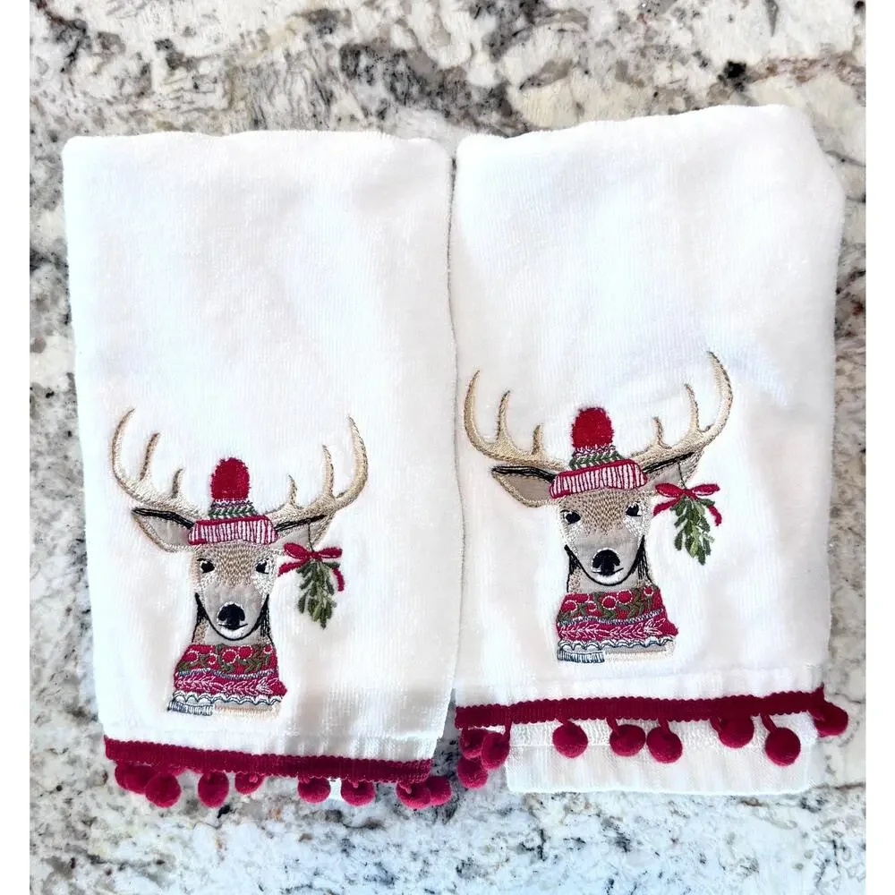 Jingles & Joy Reindeer NEW Hand Towels Set (2) Embroidered w/ Red Trim Pom Poms